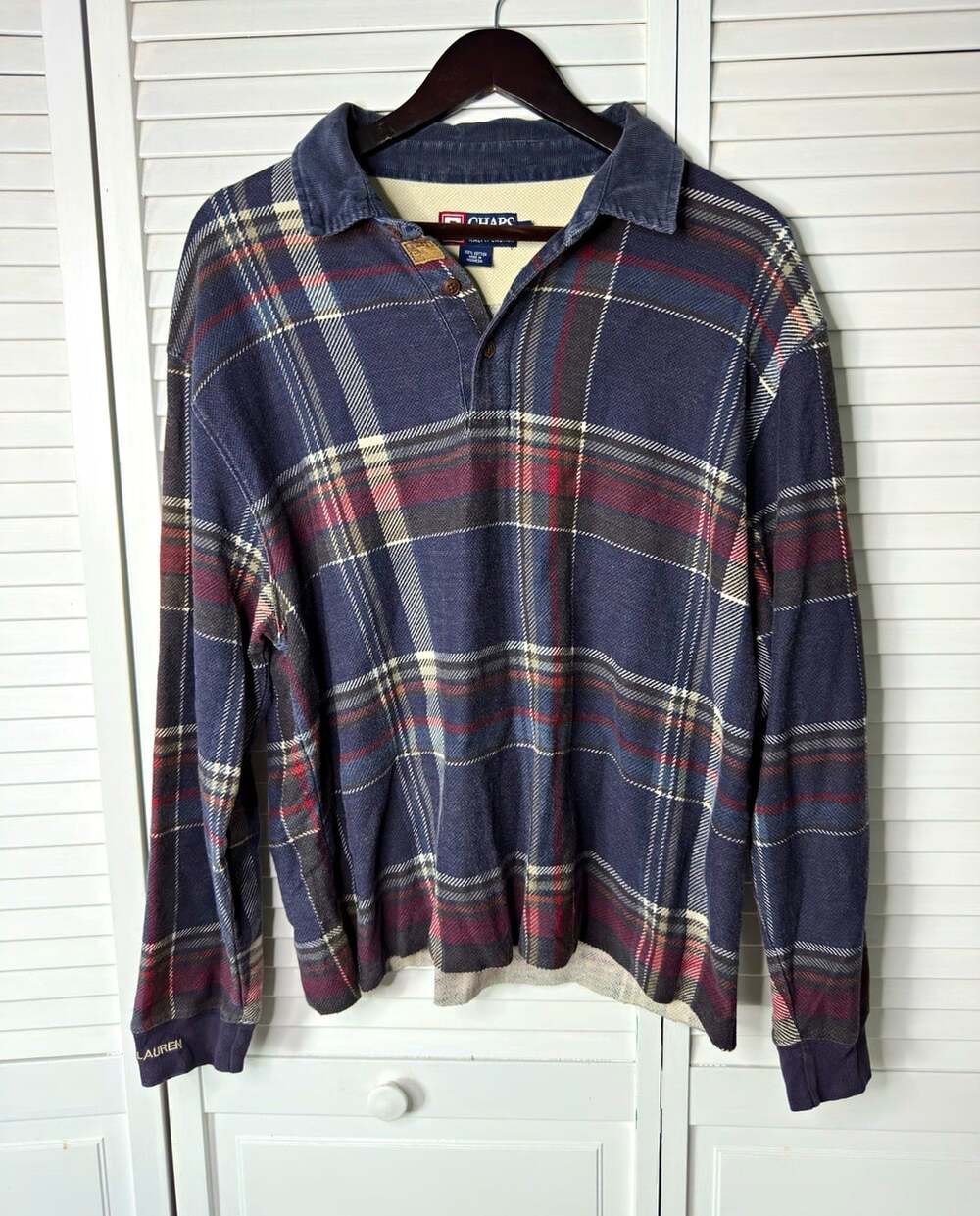 Vintage 90s Chaps Ralph Lauren Plaid Rugby Polo Corduroy Collar Mens L